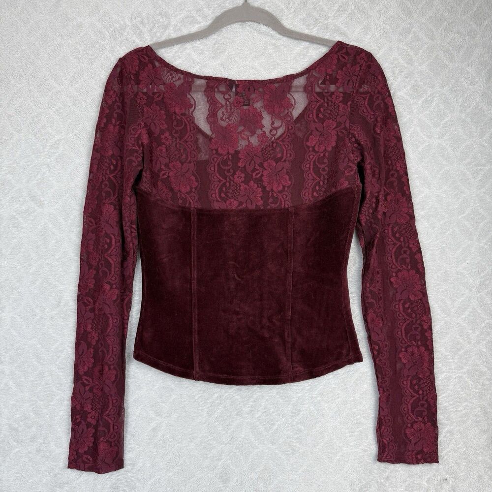 Moda International Burgundy Lace Velvet Long Sleeve Top - Picture 5 of 13